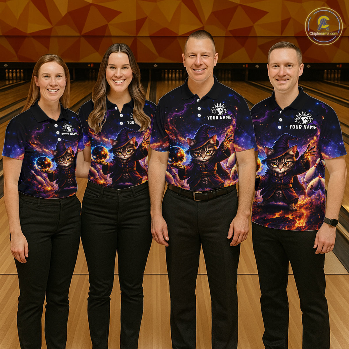 Four people wearing matching bowling shirts with a cat design on a bowling alley.