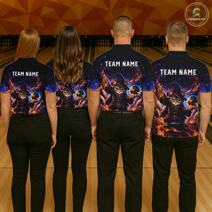 Four people wearing bowling shirts with a cat design and 'Team Name' text on a bowling alley.