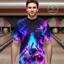 Load image into Gallery viewer, Man wearing a colorful bowling shirt with a design and 'Your Name' text in a bowling alley.