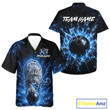 Load image into Gallery viewer, Bowling shirt with blue and black design featuring a leopard and bowling ball, with 'Chiptee Amz' branding.