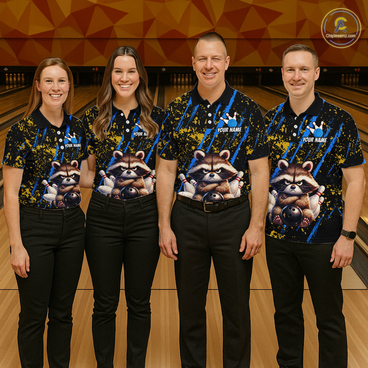 Custom Yellow & Blue Funny Raccoon Bowling Team Shirt for Women Bowling Jersey League Polo & 1/4-Zip QZT882