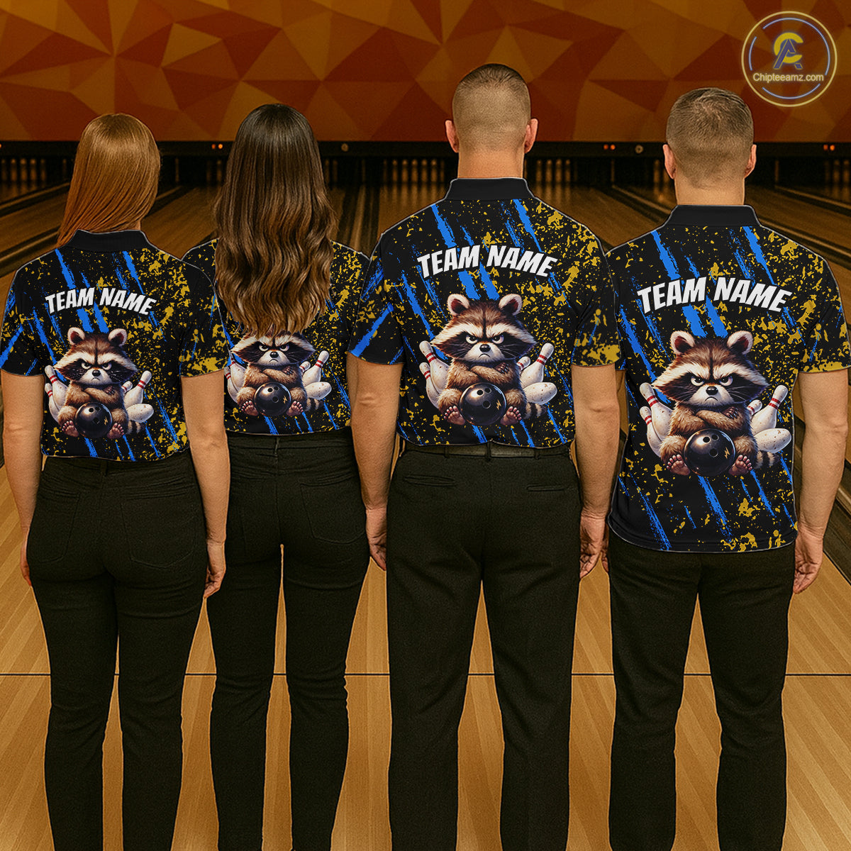 Custom Yellow & Blue Funny Raccoon Bowling Team Shirt for Women Bowling Jersey League Polo & 1/4-Zip QZT882