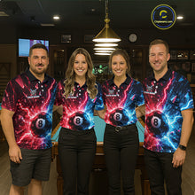 Load image into Gallery viewer, Four people wearing matching billiard shirts with a 8-ball design in a billiard  alley.