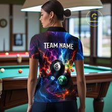 Load image into Gallery viewer, Person wearing a colorful shirt with billiard ball design in a pool hall.