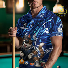 Load image into Gallery viewer, Man wearing a blue shirt with a cat design holding a pool cue on a pool table.