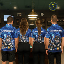 Load image into Gallery viewer, Four people wearing matching blue team jerseys with a cat and billiard ball design in a room.