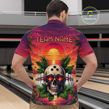 Load image into Gallery viewer, Man wearing a colorful bowling shirt with a skull design in a bowling alley.