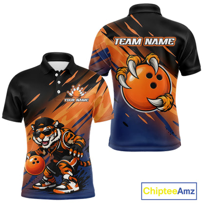 Custom short-sleeve polo shirt shown from the front and back, featuring a bold orange and black tiger-themed bowling graphic with a cartoon tiger and bowling ball. The front displays 'YOUR NAME' and the back displays 'TEAM NAME' for personalization.