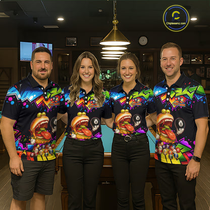 Four people wearing colorful bowling shirts with a burger and 8-ball design in a bowling alley.
