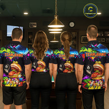 Load image into Gallery viewer, Four people wearing colorful bowling shirts with a burger design in an indoor setting.