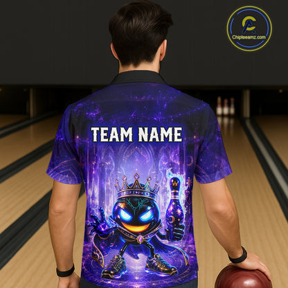 Person wearing a custom bowling shirt with a team name design in a bowling alley.