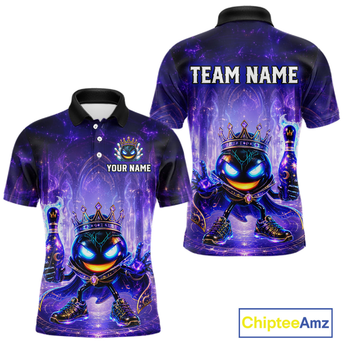Purple and black polo shirt with a cartoon character and customizable text on a white background