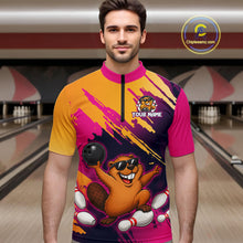 Load image into Gallery viewer, Man wearing a colorful bowling jersey with a design of a beaver and text on a bowling alley background.