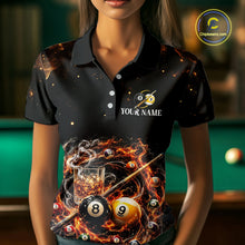 Load image into Gallery viewer, Black polo shirt with pool ball design and 'Your Name' text on a blurred pool table background