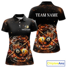 Load image into Gallery viewer, Black polo shirt with fiery design and customizable text on a white background