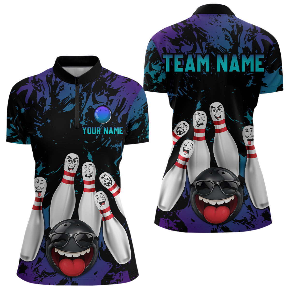 Teal Purple Funny Bowling Team Shirt for Women Custom Bowling League Jersey Polo Bowler Outfit QZT781