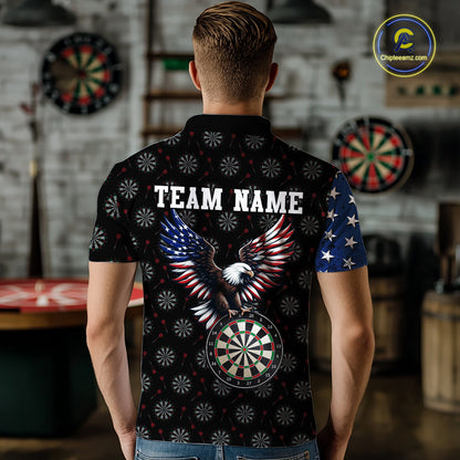 Back view of a male model showing off a patriotic darts shirt, featuring a striking bald eagle and dartboard graphic along with a customizable team name.