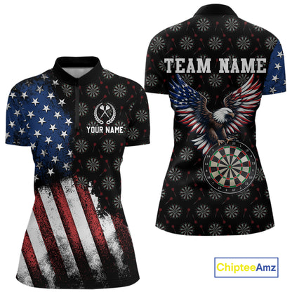 Front and back views of a custom quarter-zip darts shirt for women, highlighted by a distressed US flag, bald eagle dartboard graphic, and team name