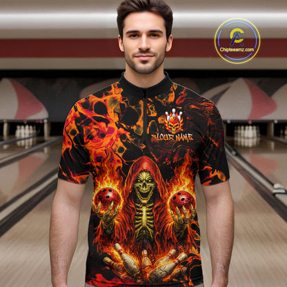 Custom Flame Skeleton Bowling Shirt for Men Bowling Jersey Polo & Quarter-Zip Bowling Outfit QZT1011