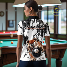 Load image into Gallery viewer, Person wearing a shirt with a dog and pool ball design in a billiards room