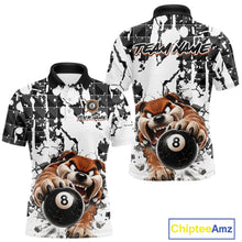 Load image into Gallery viewer, Polo shirt with cartoon dog holding a pool ball on a black and white abstract background, featuring 'Chiptee Amz' branding.