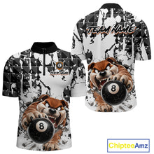 Load image into Gallery viewer, Billiard shirt with a bulldog holding a 8 ball and splatter design, featuring 'Chiptee Amz' branding.