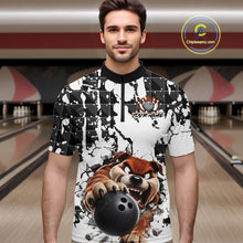 Load image into Gallery viewer, Man wearing a custom bowling shirt with a bulldog graphic in a bowling alley.