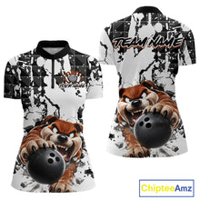 Load image into Gallery viewer, Two views of quarter-zip shirts with a cartoon dog holding a bowling ball design on a white background, featuring 'Team Name' text.