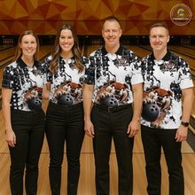 Load image into Gallery viewer, Four people in matching bowling shirts with a dog design on a bowling alley.