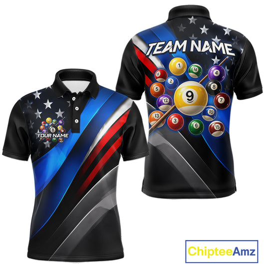 Personalized polo shirt shown from both front and back on a white background. The shirt features a black base with blue, red, and gray diagonal stripes, white stars, and a 3D-effect pool ball graphic with customizable text 'TEAM NAME' and 'YOUR NAME'.