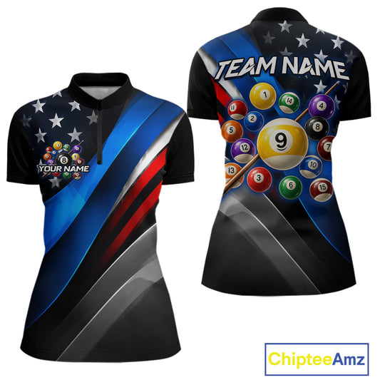 Front and back views of a women's short-sleeve polo shirt with a custom billiards theme. The shirt features a black base with diagonal blue, red, and gray stripes, white stars, a colorful pool ball graphic, and customizable text placeholders 'YOUR NAME' and 'TEAM NAME'.