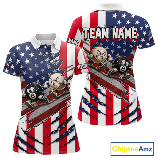 Front and back views of a short-sleeve polo shirt with a distressed American flag design, cartoon billiard balls, and customizable text fields. The shirt features red and white stripes, white stars on a blue background, and a torn-paper effect revealing a gray distressed graphic underneath.