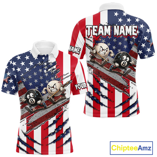 Front and back views of a short-sleeve polo shirt featuring an American flag design with cartoon billiards characters, customizable text placeholders, and a ChipteeAmz logo on a white background.