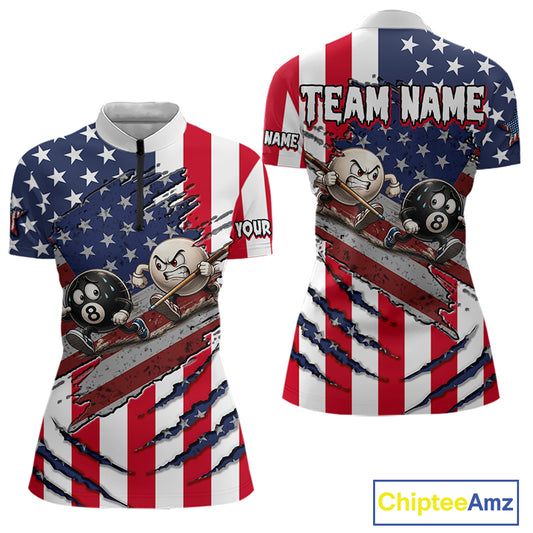 Custom short-sleeve quarter-zip shirt shown from the front and back, featuring a red, white, and blue American flag design with torn fabric effects, billiard balls, and placeholder text including 'TEAM NAME' and 'YOUR NAME'.