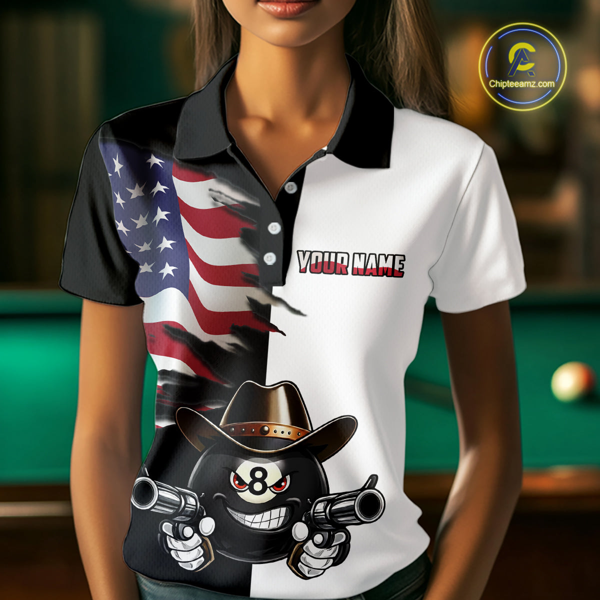 Custom American Flag Funny 8 Ball Billiard Shirts for Women Billiard League Jersey Pool Shirts BHT11