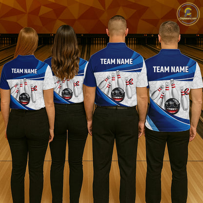 Blue Funny Bowling Shirt Custom Pattern Bowling Team Jersey Polo & 1/4-Zip Bowling Gift for Men QZT930