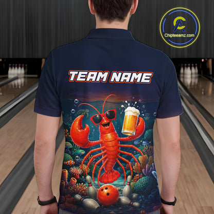 Person wearing a navy blue shirt with a lobster graphic and 'TEAM NAME' text in a bowling alley.