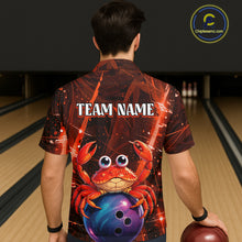 Load image into Gallery viewer, Person wearing a bowling shirt with a red crab and blue ball design, standing in a bowling alley.