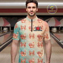 Load image into Gallery viewer, Man wearing a shirt with crab and bowling ball pattern in a bowling alley.