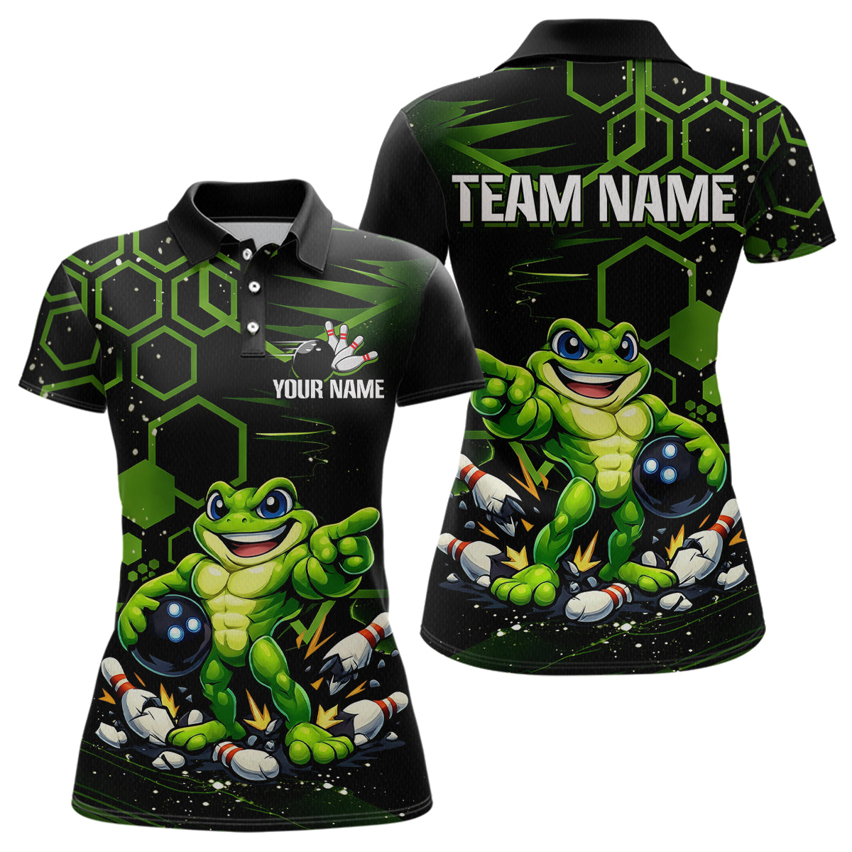 Custom Funny Green Frog Bowling Team Jersey Ugly Bowling Shirt for Women Polo & 1/4-Zip QZT844