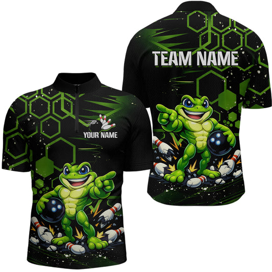 Custom Funny Green Frog Bowling Team Jersey Ugly Bowling Shirt for Men Polo & Quarter-Zip QZT844