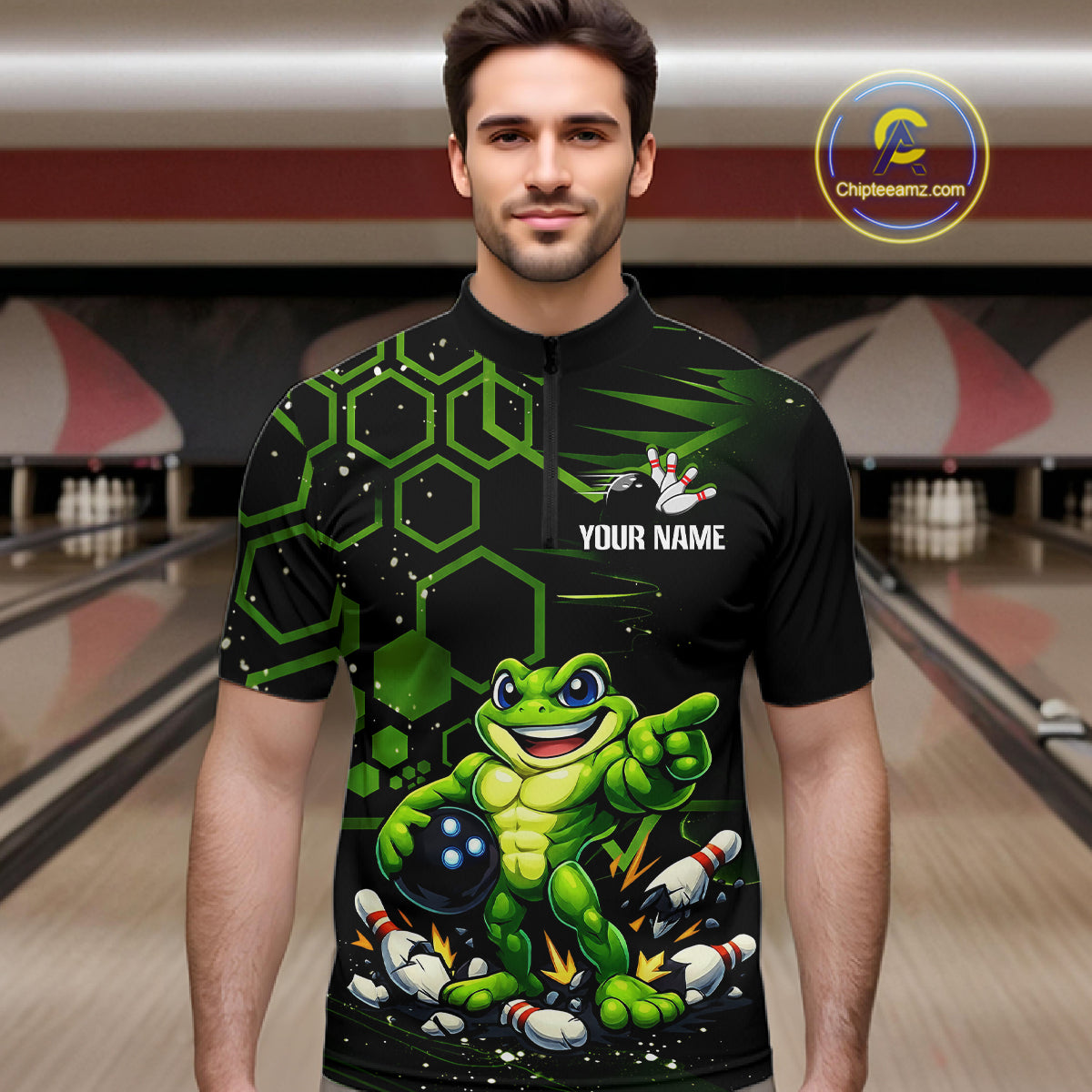 Custom Funny Green Frog Bowling Team Jersey Ugly Bowling Shirt for Men Polo & Quarter-Zip QZT844