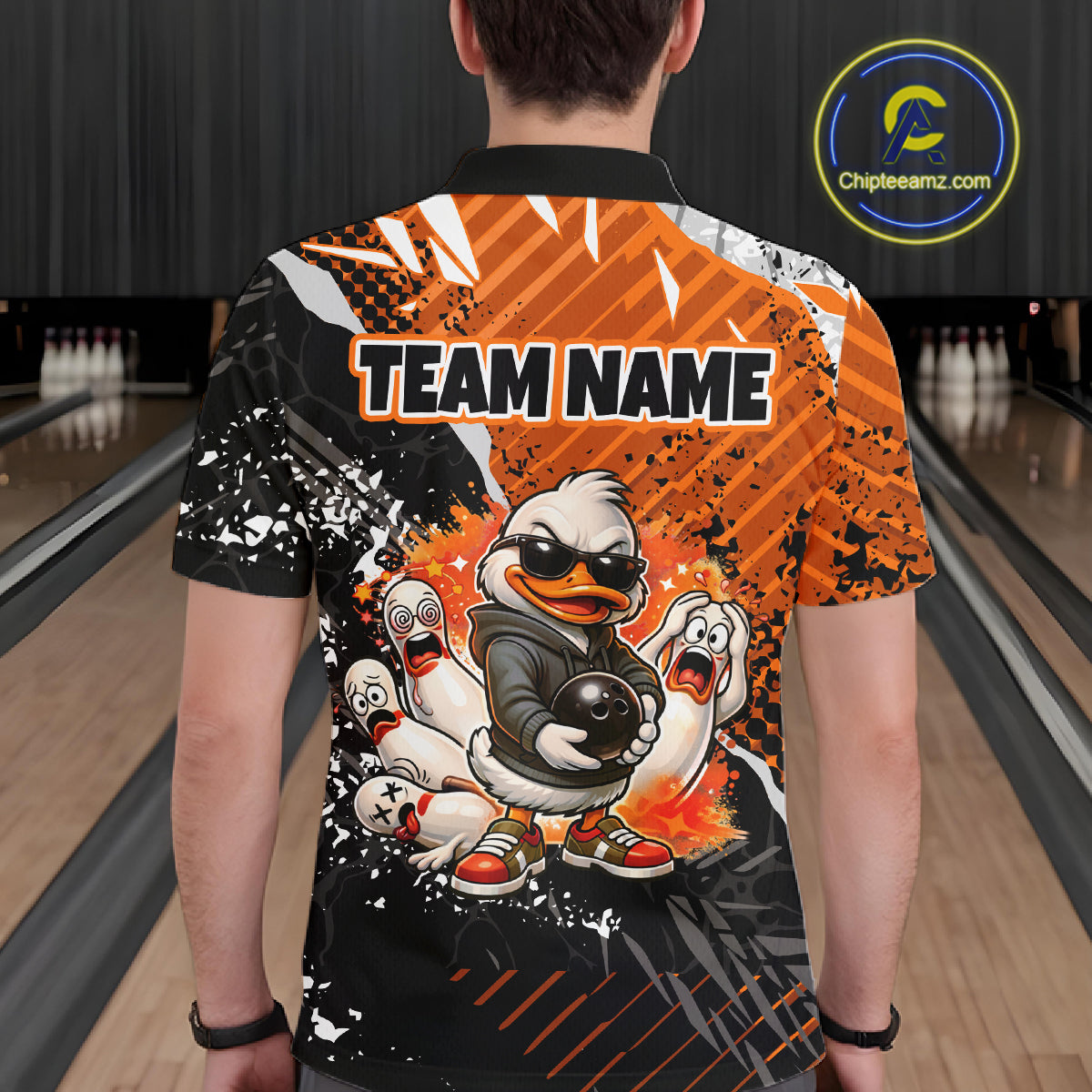Custom Orange Funny Duck Bowling Team Shirt for Men Bowling League Jersey Polo & Quarter-Zip QZT895