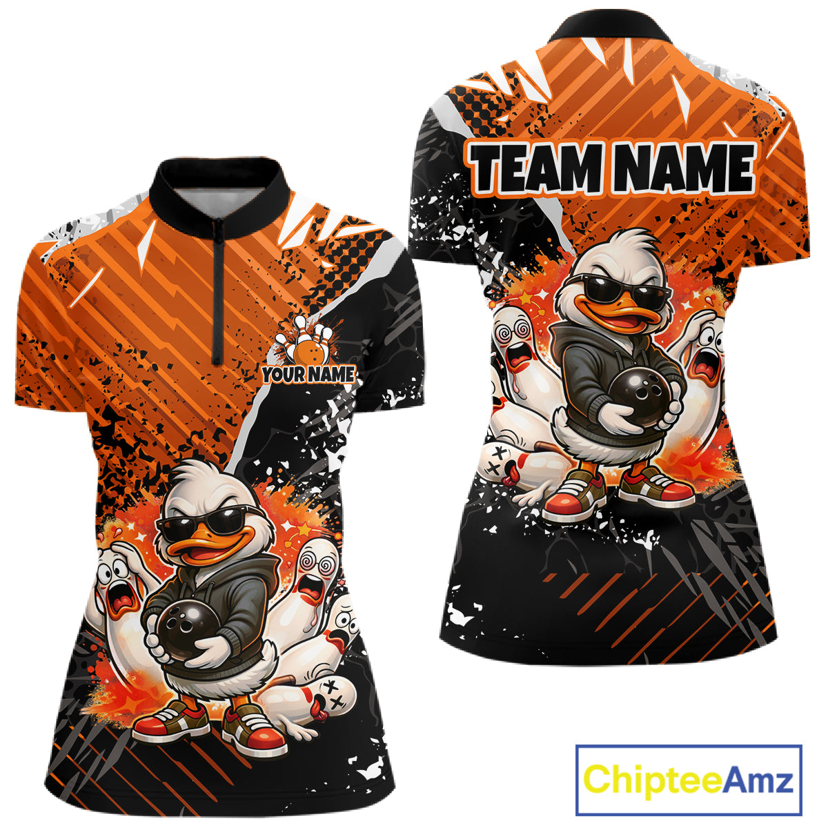 Custom Orange Funny Duck Bowling Team Shirt for Women Bowling League Jersey Polo & Quarter-Zip QZT895