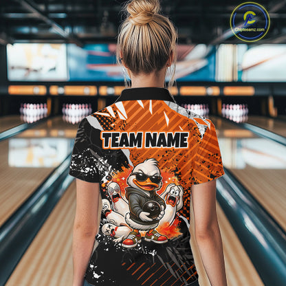 Custom Orange Funny Duck Bowling Team Shirt for Women Bowling League Jersey Polo & Quarter-Zip QZT895