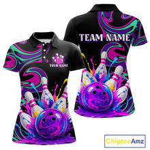Load image into Gallery viewer, Colorful polo shirt with bowling design and customizable text on a white background