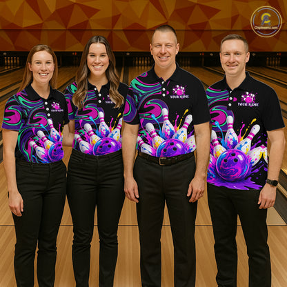 Four people wearing colorful bowling-themed shirts in a bowling alley.