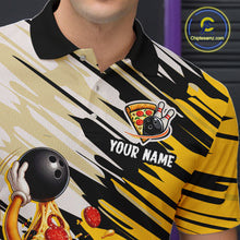 Load image into Gallery viewer, Bowling-themed polo shirt with a pizza and bowling design, featuring 'Your Name' text, on a person wearing it.