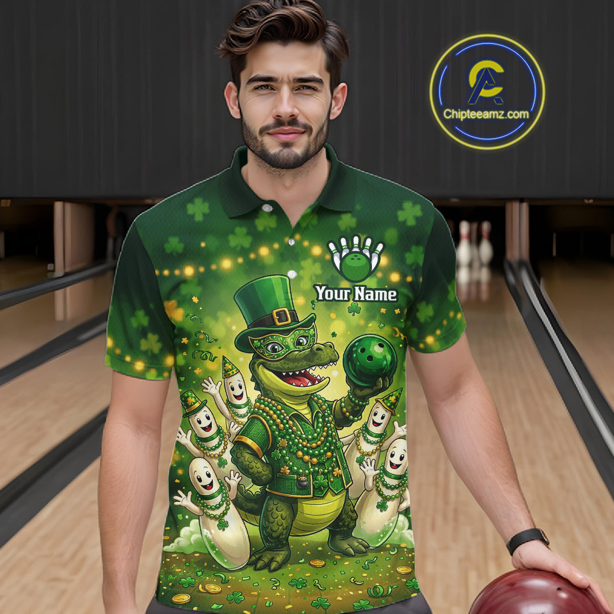 Custom Green Funny Alligator Bowling Shirt Samrock Pattern Bowling St. Patrick's Day for Men QZT935