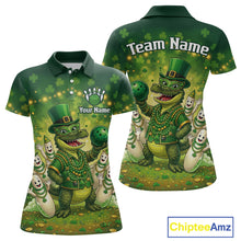 Load image into Gallery viewer, Custom Green Funny Alligator Bowling Shirt Samrock Pattern Bowling St. Patrick's Day for Women QZT935